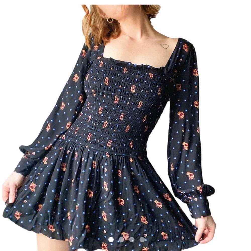 Free People Two Faces Dark Ditzy Floral Puff Sleeve Boho Mini Dress Size S